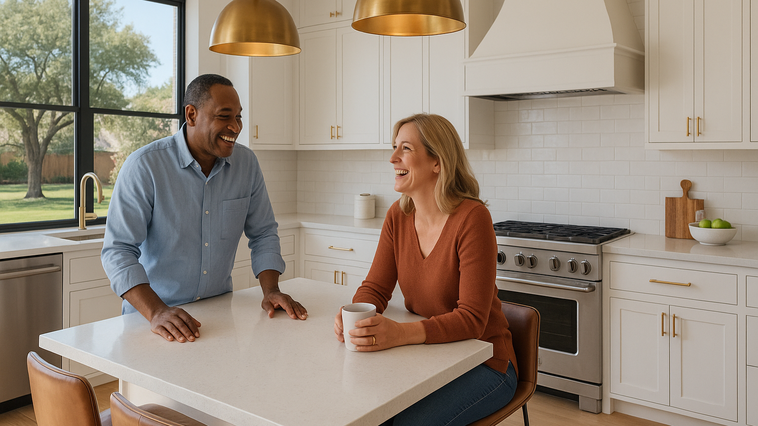 Homeowners smiling in a finished transitional kitchen with a quartz island