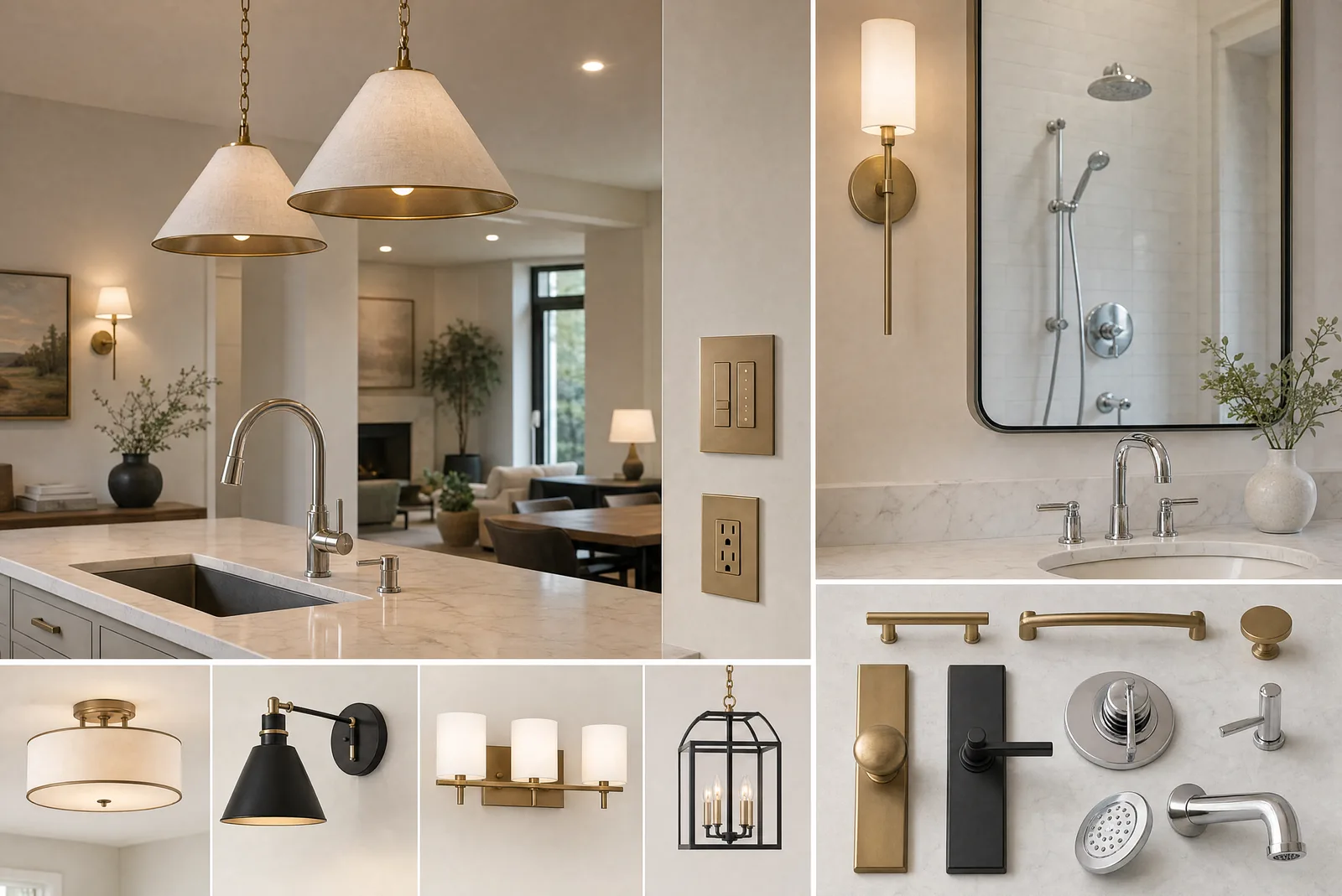 Reviewed lighting, device, plumbing-trim, and hardware planning concept board
